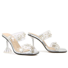 Opulent Pearl Embellished Clear Strap Square Toe PVC Mules - Silver