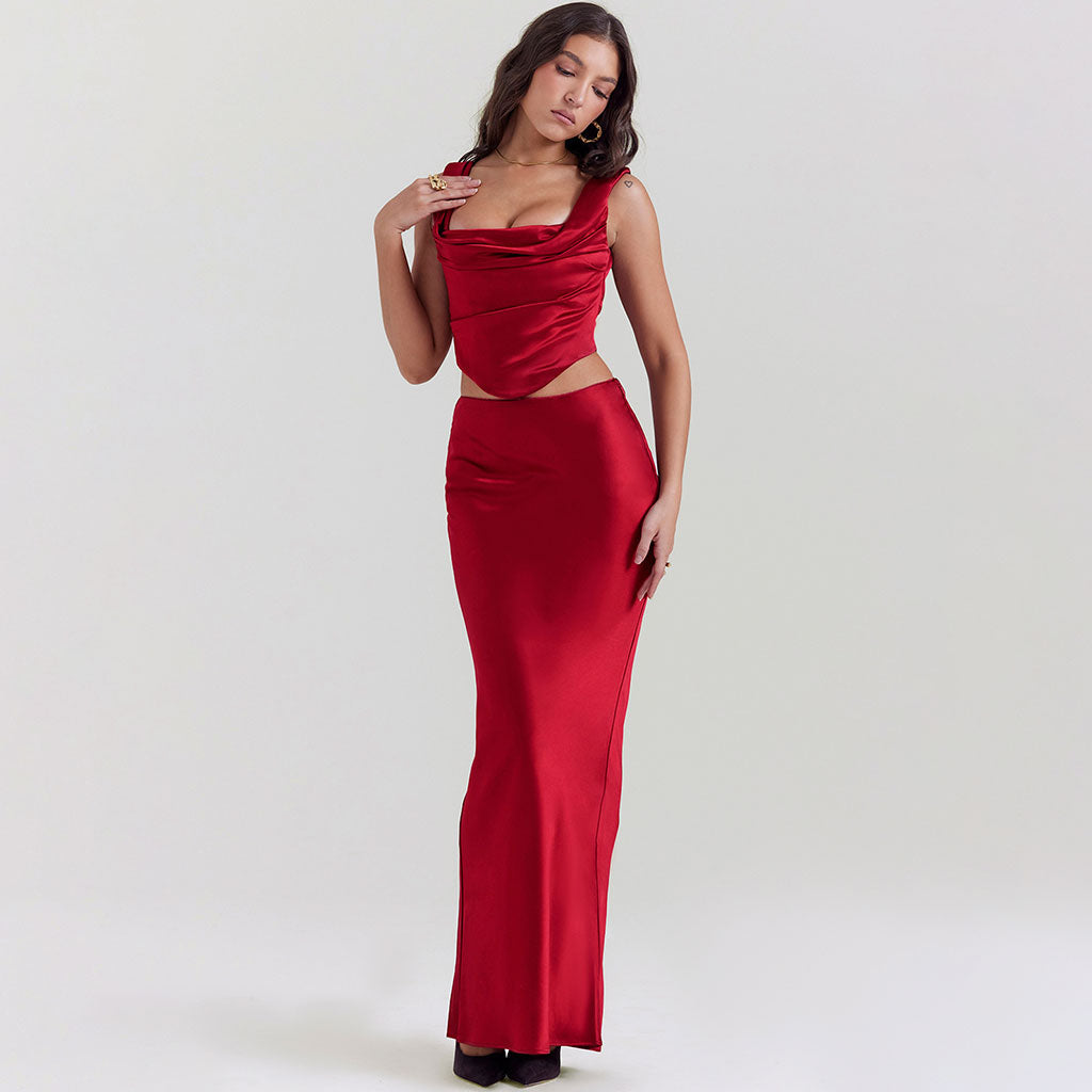 Opulent Satin Cowl Neck Cinched Back Crop Corset High Waist Maxi Skirt Matching Set