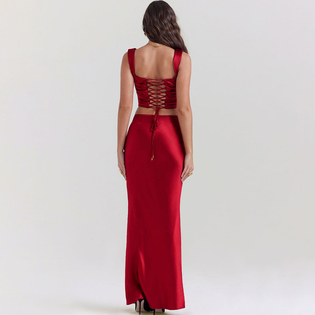 Opulent Satin Cowl Neck Cinched Back Crop Corset High Waist Maxi Skirt Matching Set