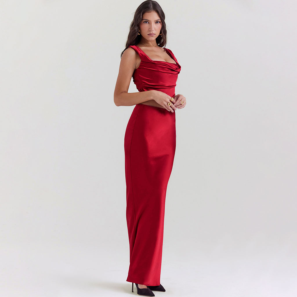 Opulent Satin Cowl Neck Cinched Back Crop Corset High Waist Maxi Skirt Matching Set