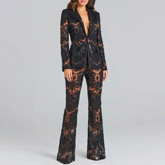 Ornate Floral Embroidered Bootcut Sheer Mesh Sequined BlazerMatching Set