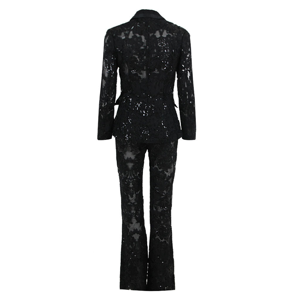 Ornate Floral Embroidered Bootcut Sheer Mesh Sequined BlazerMatching Set