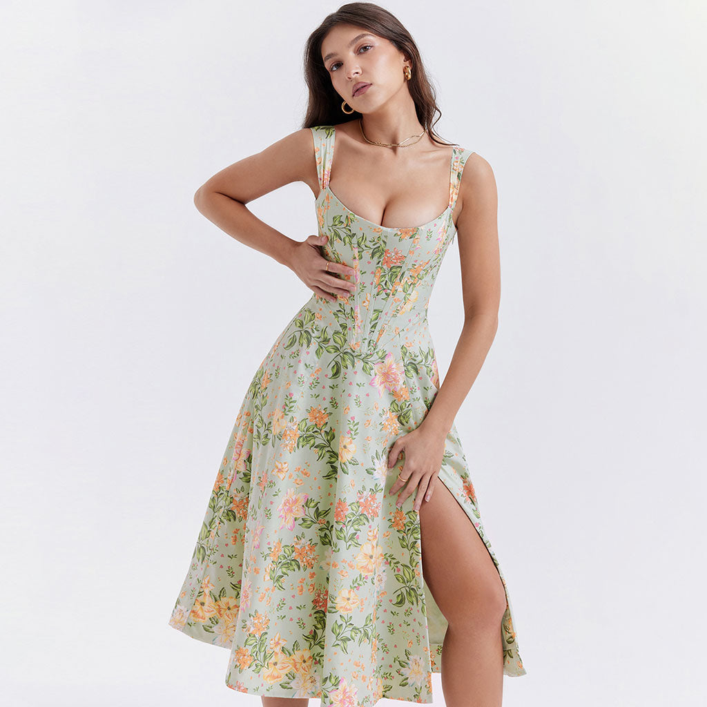 Painterly Printed Square Neck Drop Waist Corset Split Midi Floral Sundress