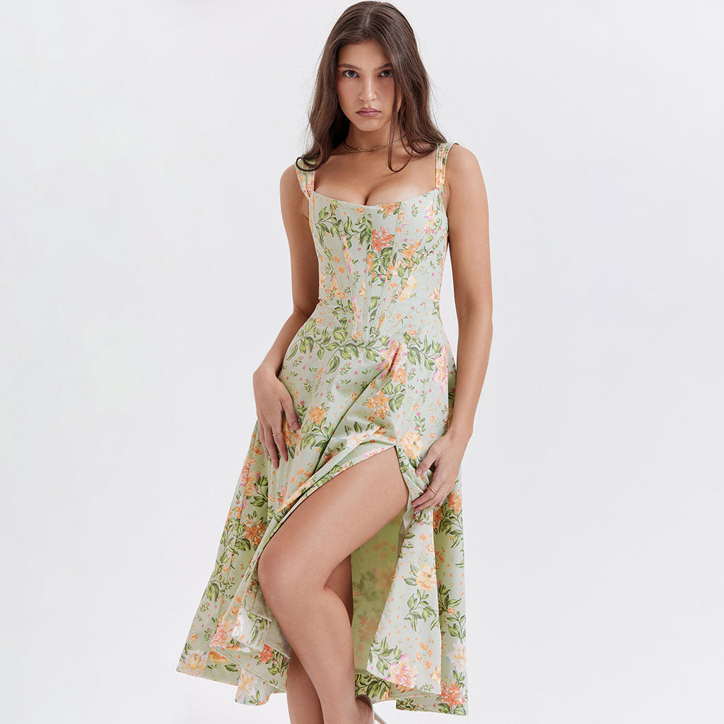 Vestido veraniego midi floral con abertura y cuello cuadrado y cintura baja con estampado pictórico