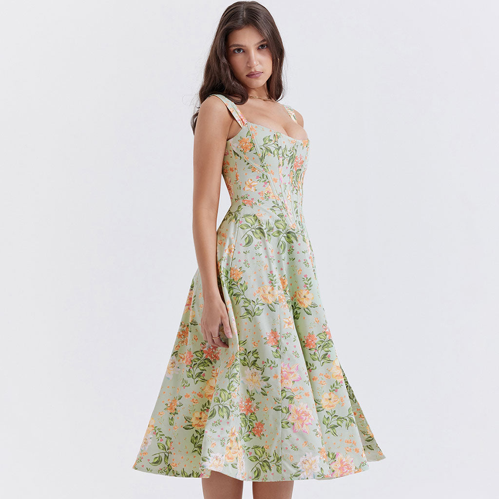 Painterly Printed Square Neck Drop Waist Corset Split Midi Floral Sundress