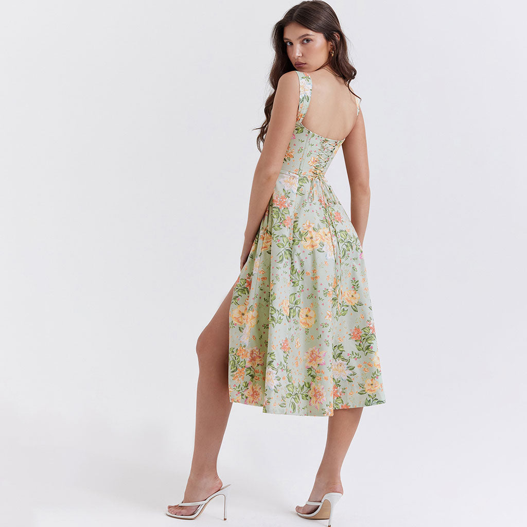 Vestido veraniego midi floral con abertura y cuello cuadrado y cintura baja con estampado pictórico