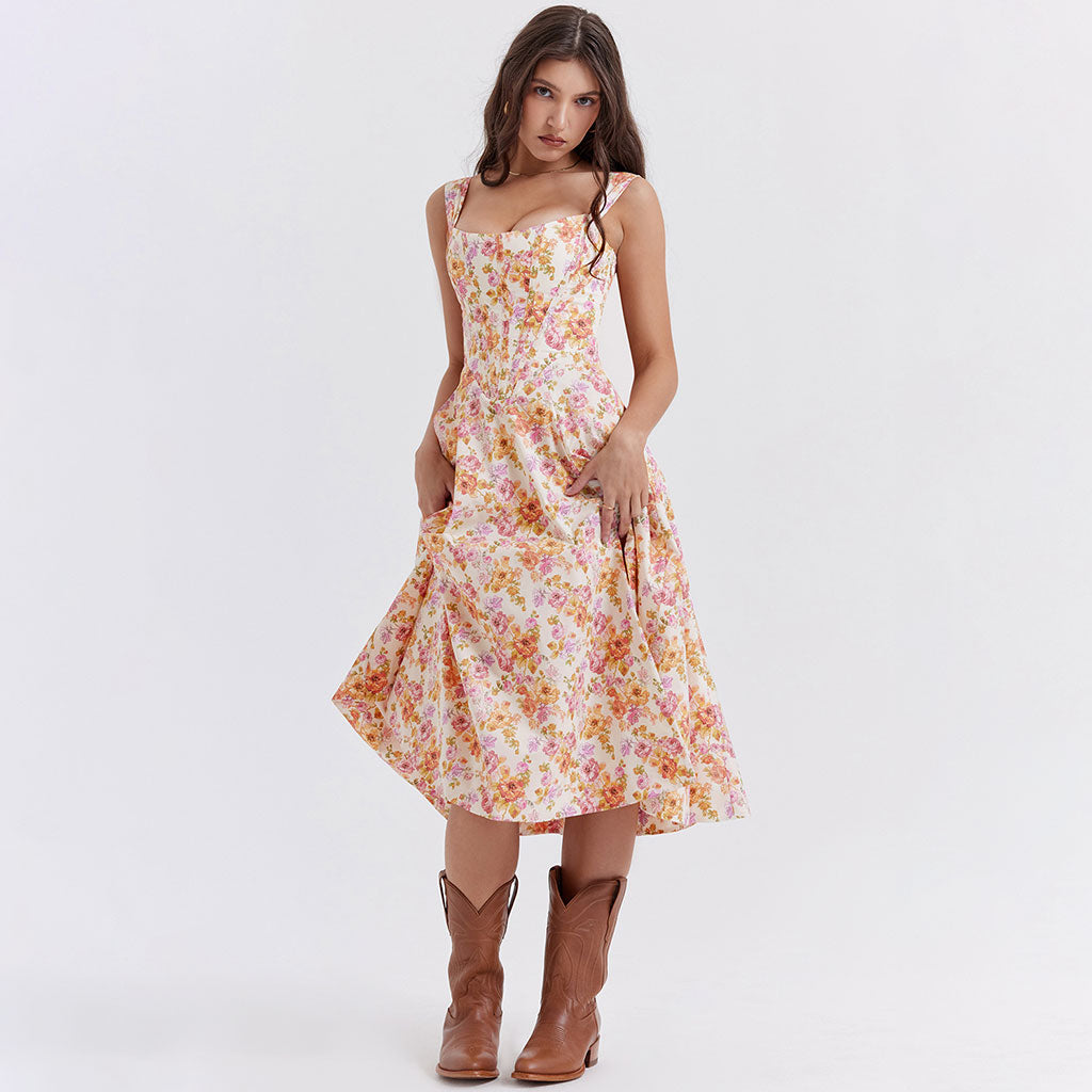 Painterly Printed Square Neck Drop Waist Corset Split Midi Floral Sundress