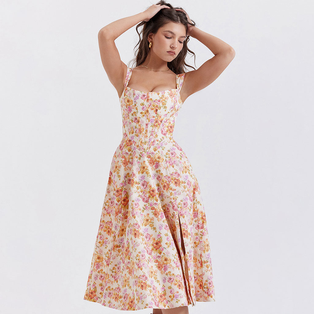 Painterly Printed Square Neck Drop Waist Corset Split Midi Floral Sundress