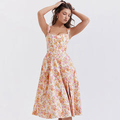 Painterly Printed Square Neck Drop Waist Corset Split Midi Floral Sundress