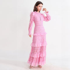 PINK TEXTURED MAXI DRESS with LONG SLEEVES