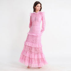 VESTIDO MAXI ROSA TEXTURIZADO CON MANGAS LARGAS