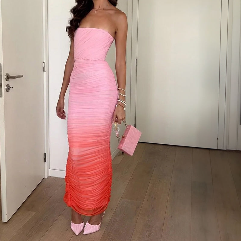 ASHY GRADIENT PINK ORANGE BODYCON MAXI DRESS