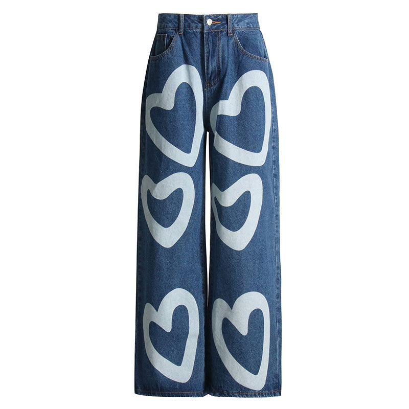 Playful Contrast Heart Print Straight Leg High Waist Denim Boyfriend Jeans