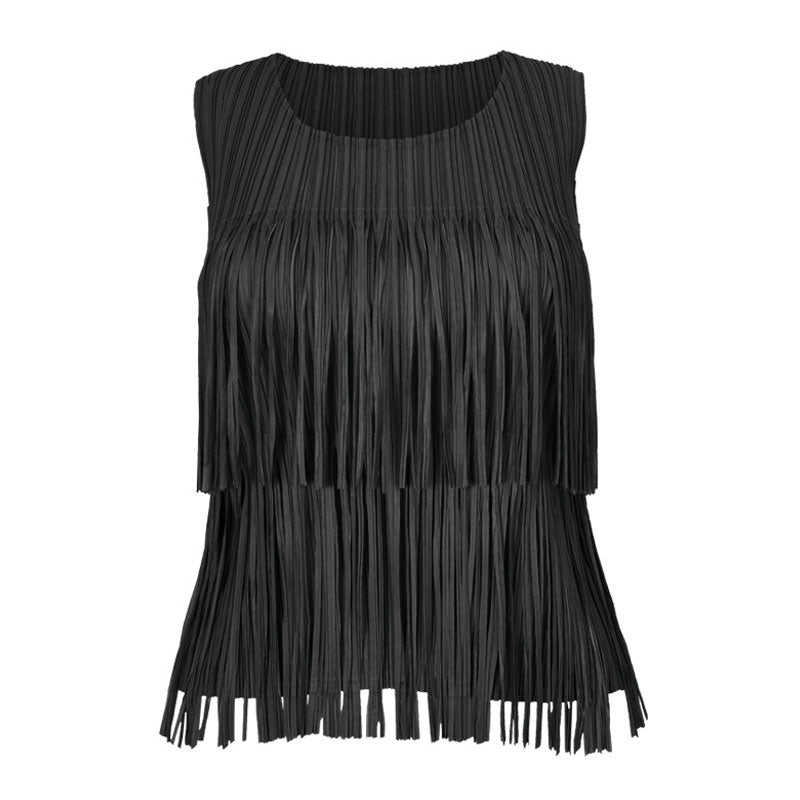 Playful Tiered Fringed Round Neck Monochrome Pleated Sleeveless Top