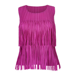 Playful Tiered Fringed Round Neck Monochrome Pleated Sleeveless Top