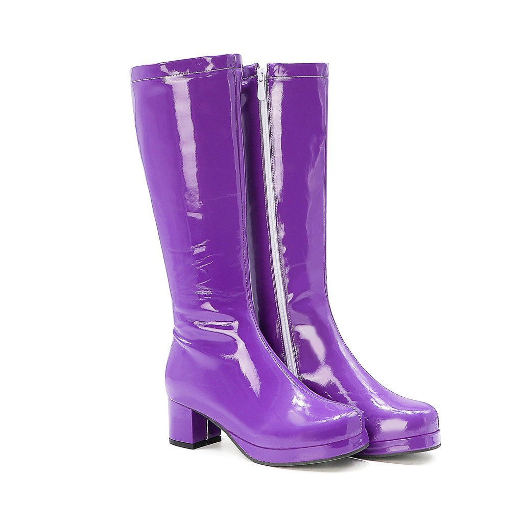 Polished Round Toe Platform Chunky Heel Mid Calf Boots - Purple