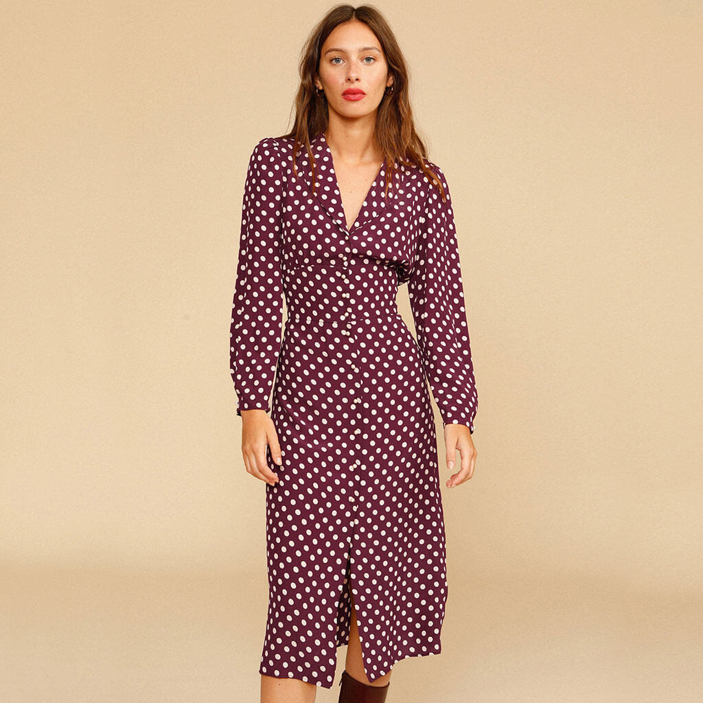 Polka Dot Langarm Perlenknopf V-Ausschnitt Midikleid - Burgund