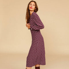 Polka Dot Langarm Perlenknopf V-Ausschnitt Midikleid - Burgund