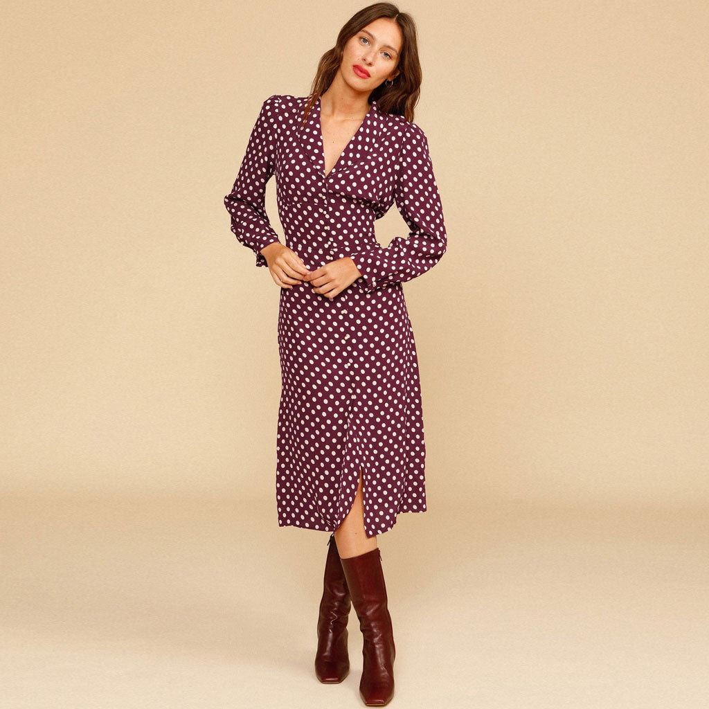 Polka Dot Langarm Perlenknopf V-Ausschnitt Midikleid - Burgund