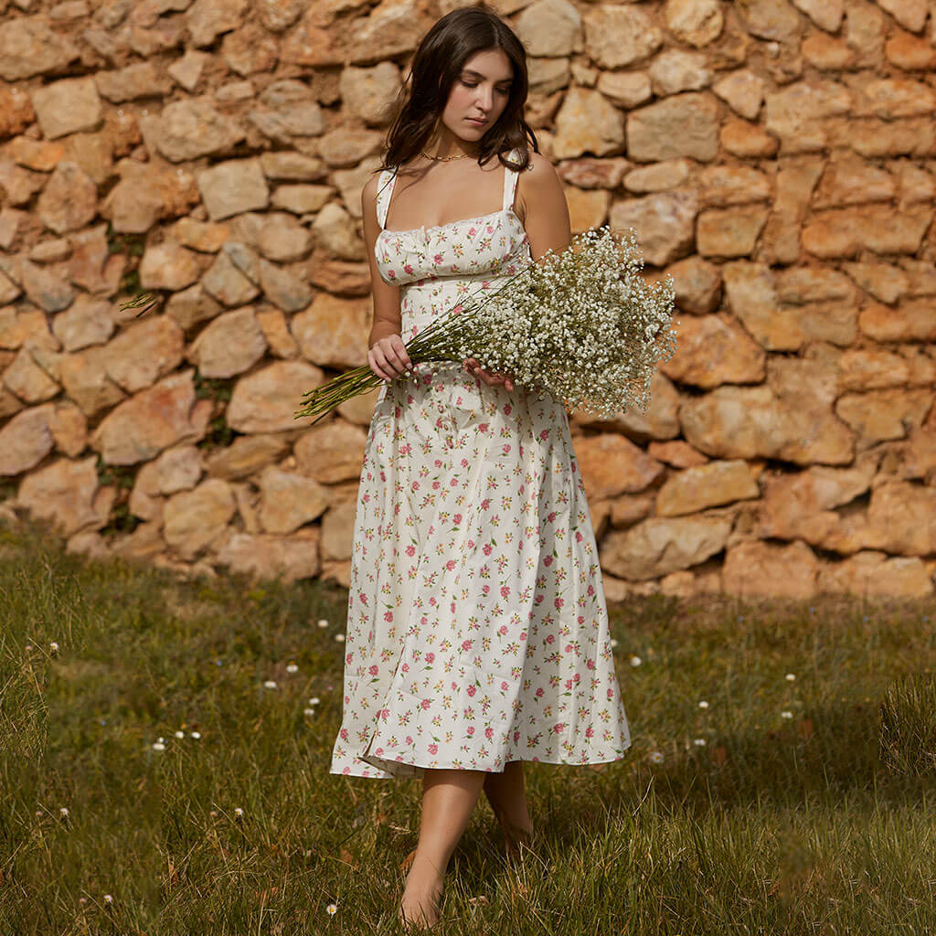 Bustier im Prärie-Stil mit quadratischem Ausschnitt, Knopfbesatz, tiefer Taille, Seitentasche, Midi-Sommerkleid