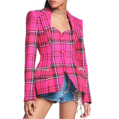 Preppy Sweetheart Crystal Embellished Cutout Checkered Peplum Blazer- Pink