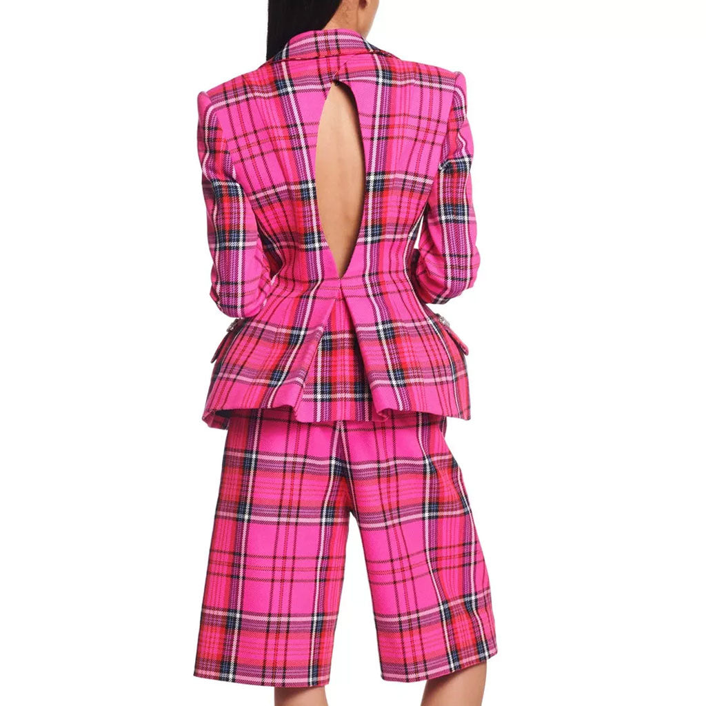 Preppy Sweetheart Crystal Embellished Cutout Checkered Peplum Blazer- Pink