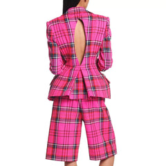Preppy Sweetheart Crystal Embellished Cutout Checkered Peplum Blazer- Pink