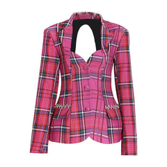 Preppy Sweetheart Crystal Embellished Cutout Checkered Peplum Blazer- Pink