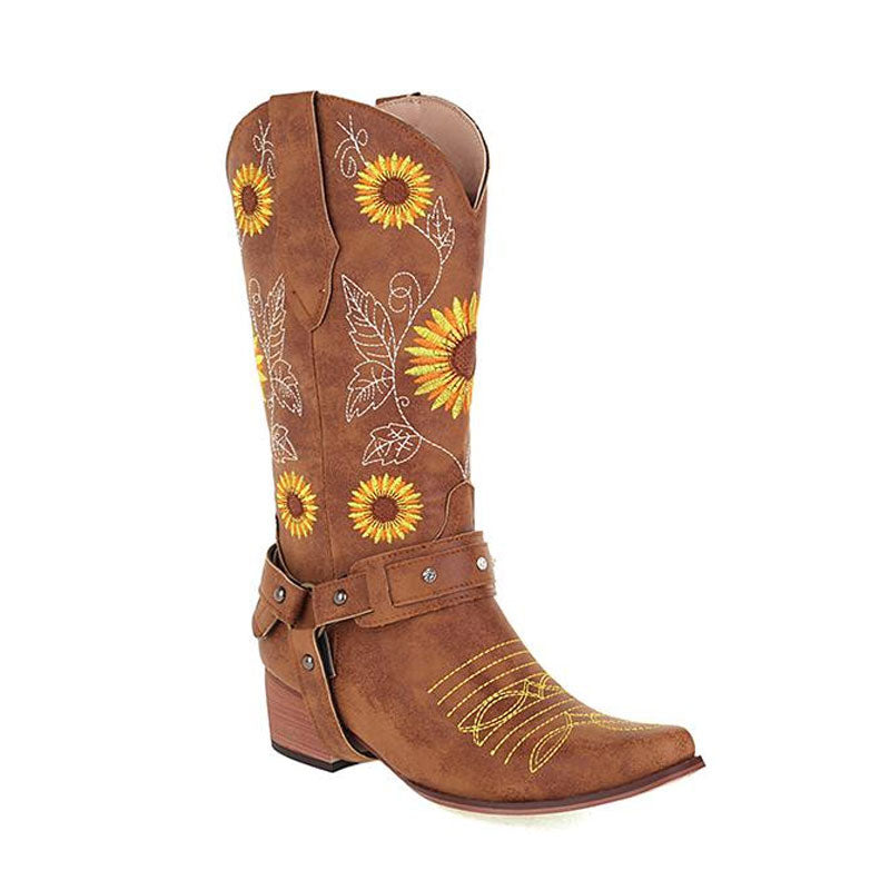 Bonitas botas vaqueras de tacón grueso con punta cuadrada y bordado de girasoles - Marrón