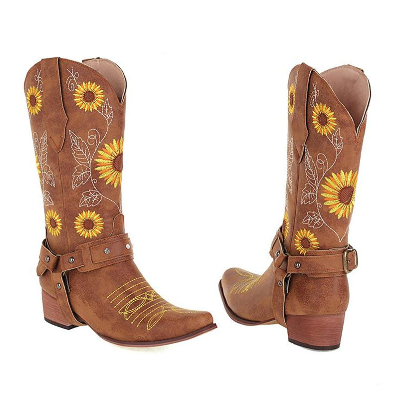 Hübsche Westernstiefel mit Sonnenblumen-Stickerei, quadratischer Zehenpartie und klobigem Absatz - Braun