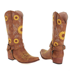 Hübsche Westernstiefel mit Sonnenblumen-Stickerei, quadratischer Zehenpartie und klobigem Absatz - Braun