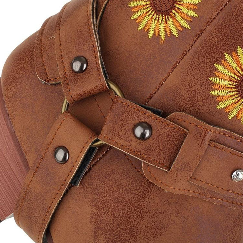 Pretty SunFlower Embroidered Square Toe Chunky Heel Western Boots - Brown