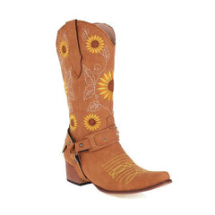 Hübsche Westernstiefel mit Sonnenblumen-Stickerei, quadratischer Zehenpartie und klobigem Absatz - Gelb