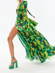 Vestido de fiesta con estampado de mangas acampanadas y espalda descubierta: moda de verano para mujer