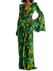 Vestido de fiesta con estampado de mangas acampanadas y espalda descubierta: moda de verano para mujer