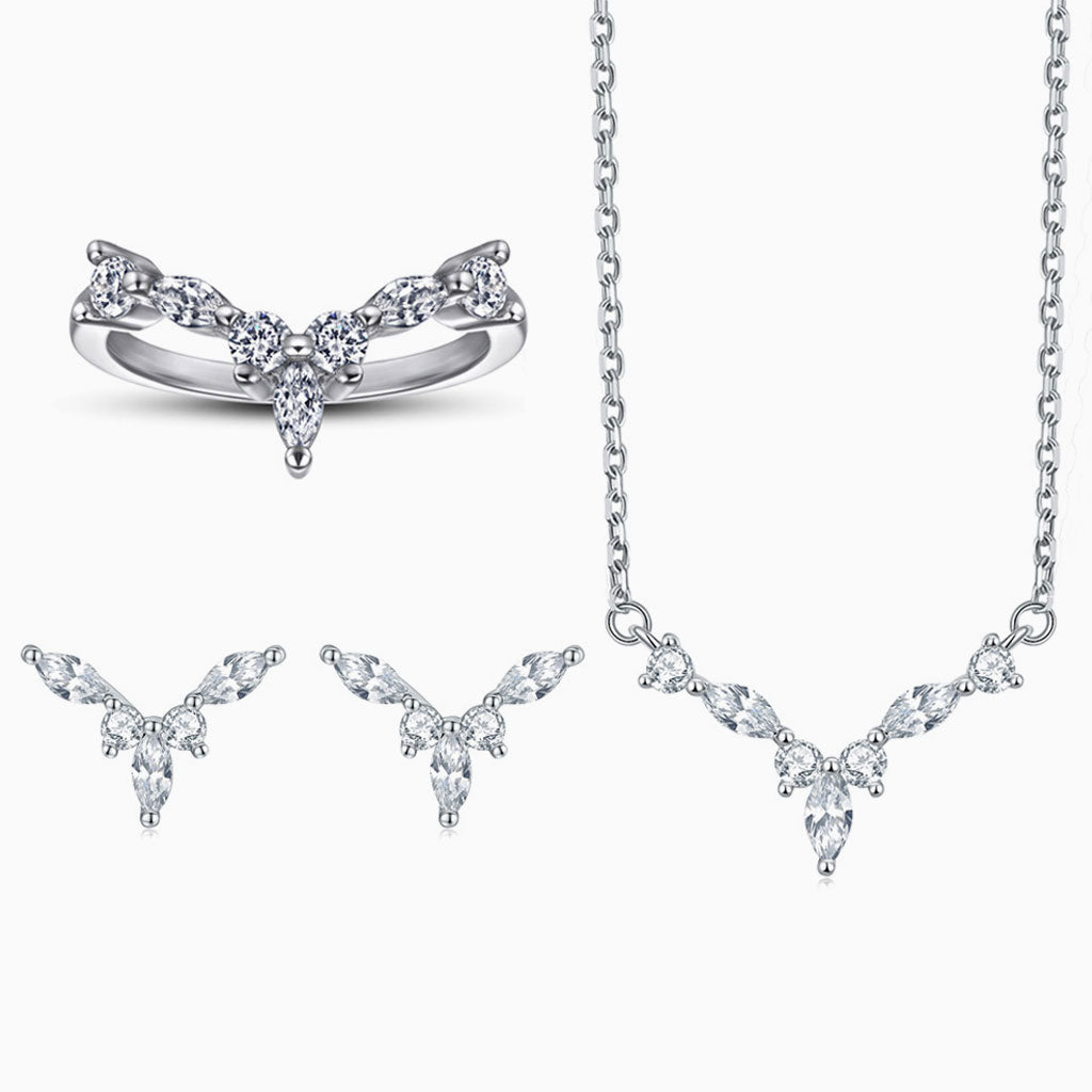 Quiet Cubic Zirconia Halo Cluster V Shaped Sterling Silver Jewelry Set