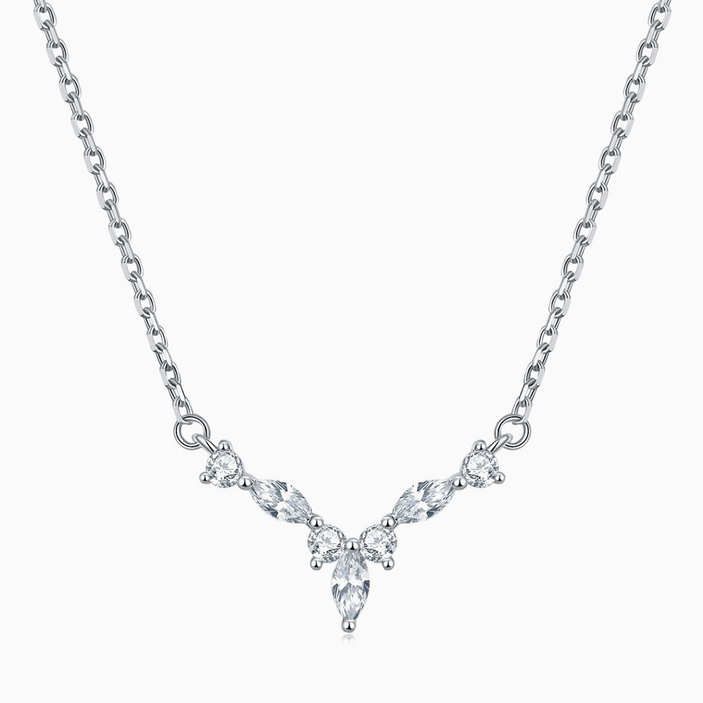 Quiet Cubic Zirconia Halo Cluster V Shaped Sterling Silver Jewelry Set