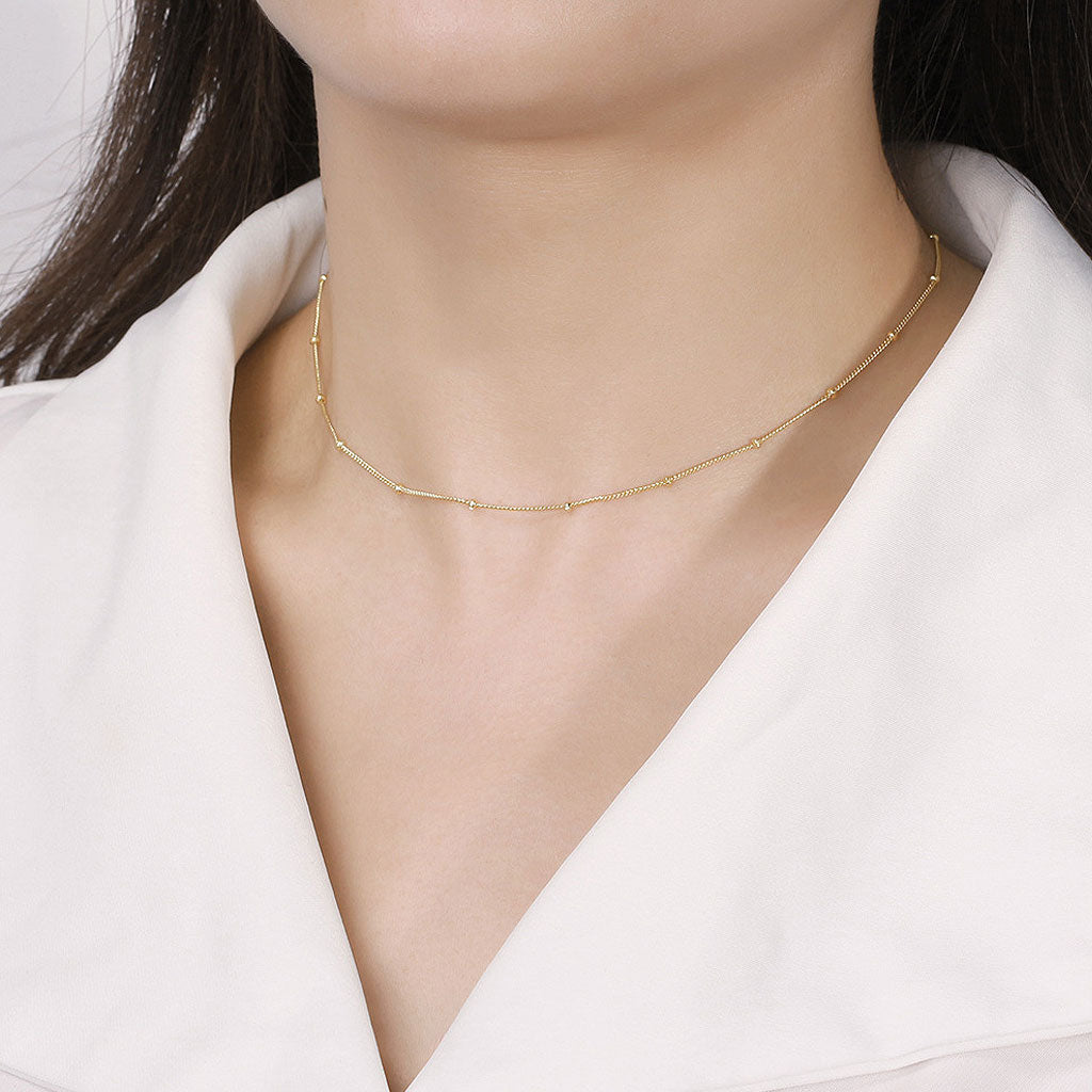 Quiet Tiny Bead Station Pure Sterling Silver 1MM Curb Chain Necklace