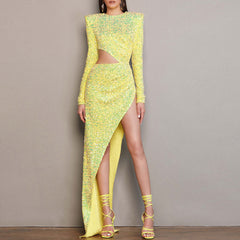 Radiant Sequin Embellished Ruched Cutout Long Sleeve Side Slit Maxi Velvet Dress - Yellow