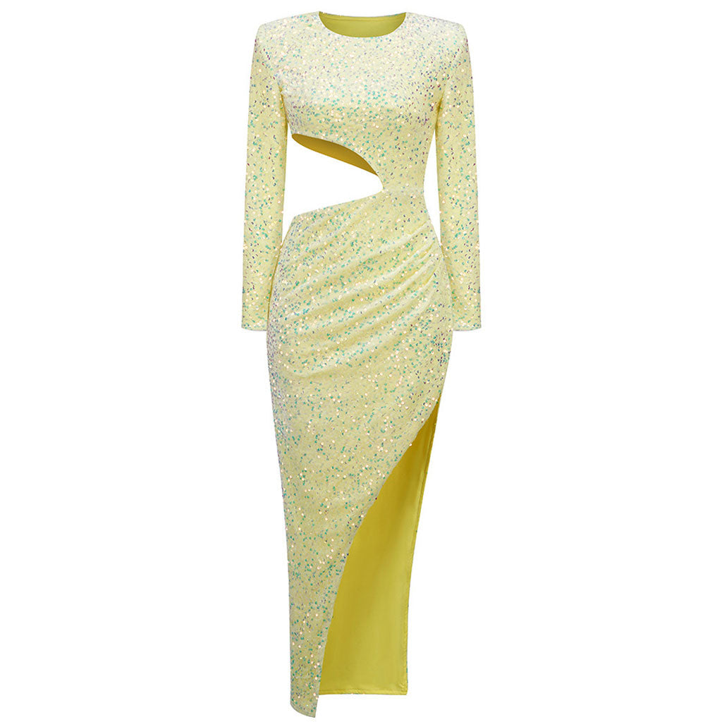 Radiant Sequin Embellished Ruched Cutout Long Sleeve Side Slit Maxi Velvet Dress - Yellow