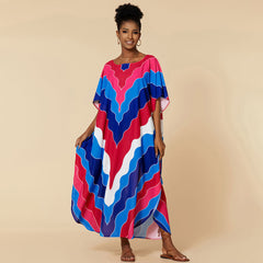 Regenbogen Chevron Gestreiftes Kurzarm Brasilianisches Kaftan-Überzug-Maxikleid