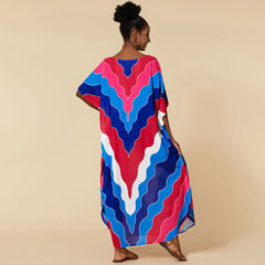 Regenbogen Chevron Gestreiftes Kurzarm Brasilianisches Kaftan-Überzug-Maxikleid