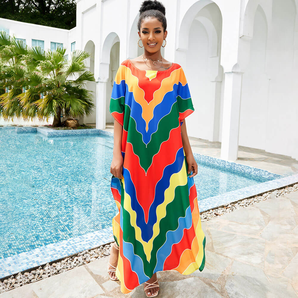 Regenbogen Chevron Gestreiftes Kurzarm Brasilianisches Kaftan-Überzug-Maxikleid