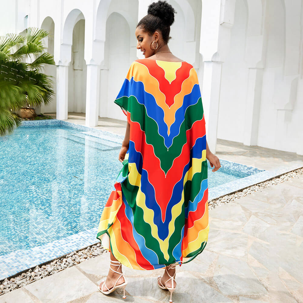 Regenbogen Chevron Gestreiftes Kurzarm Brasilianisches Kaftan-Überzug-Maxikleid