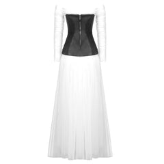 Rebellious Off The Shoulder Vegan Leather Panel Sheer Tulle Maxi Evening Dress