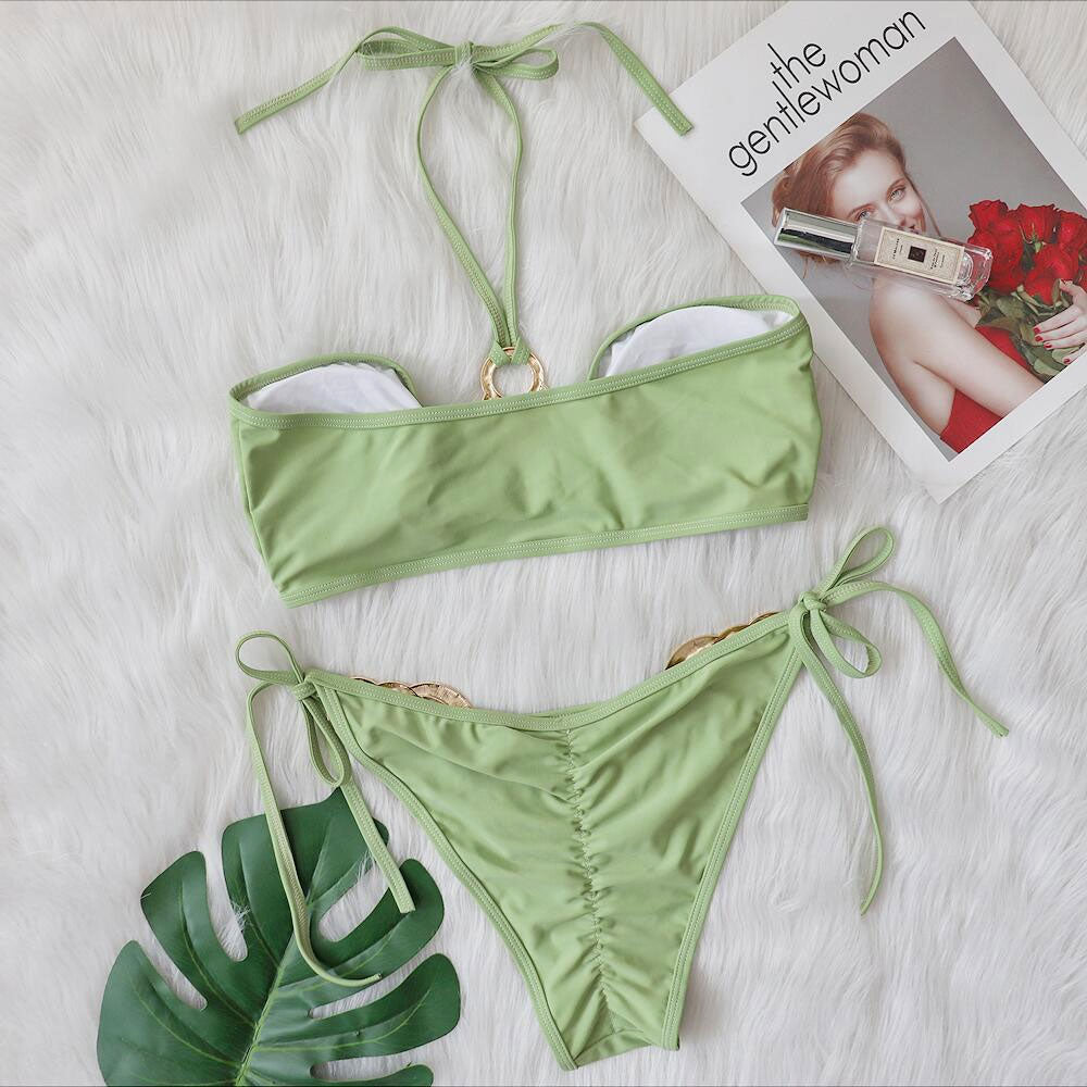 Refreshing Tie String O Ring Halter Brazilian Two Piece Bikini Swimsuit