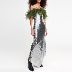 Resplendent Contrast Feathery Off Shoulder Asymmetrical Sequin Evening Dress