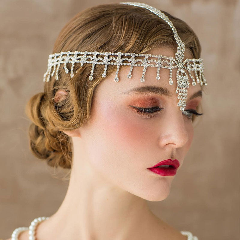 Cadena para el pelo con borlas y adornos de diamantes de imitación estilo retro estilo charlestón - Plateada