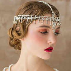 Cadena para el pelo con borlas y adornos de diamantes de imitación estilo retro estilo charlestón - Plateada