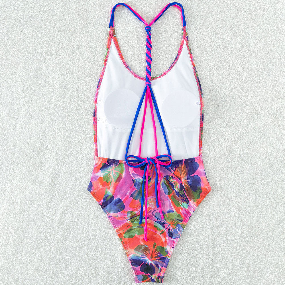 Retro Floral Braided Low Back Fringe Cheeky Brazilian One Piece Swimsuit